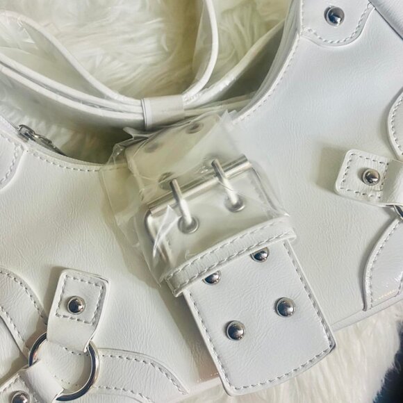 Women's Studded PU Leather Tote Handbag Adjustable Strap Boho Bags -White - Picture 2 of 11